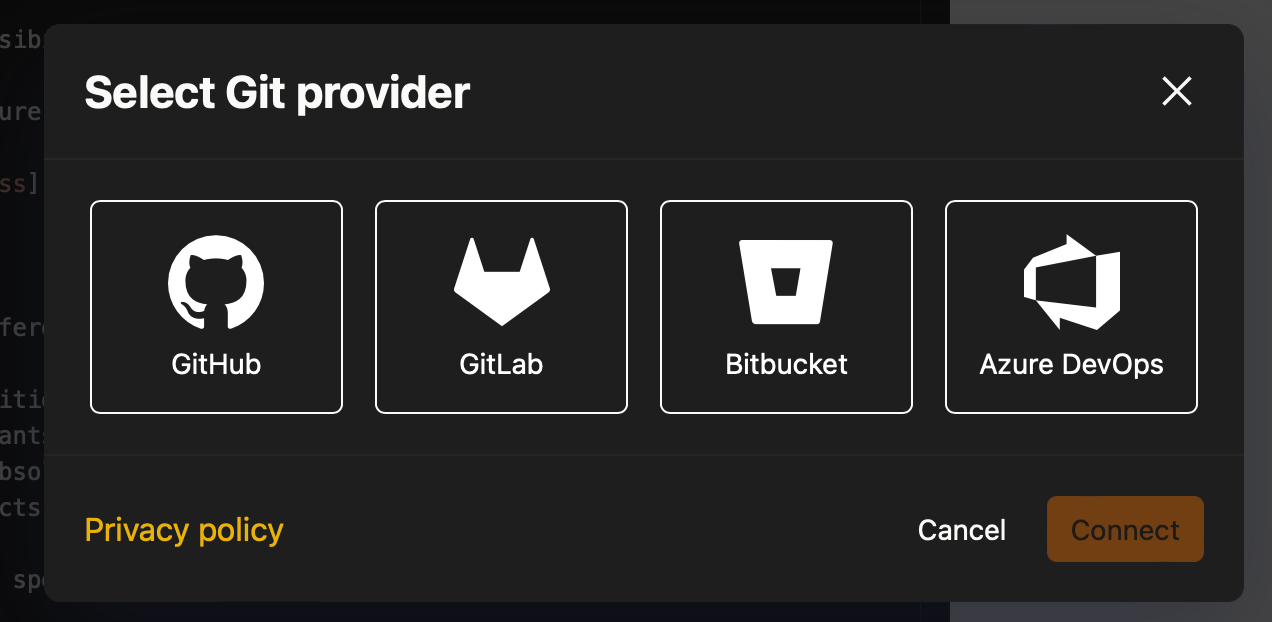 github, gitlab, azure and bitbucket logo presented in a row for selecting a provider